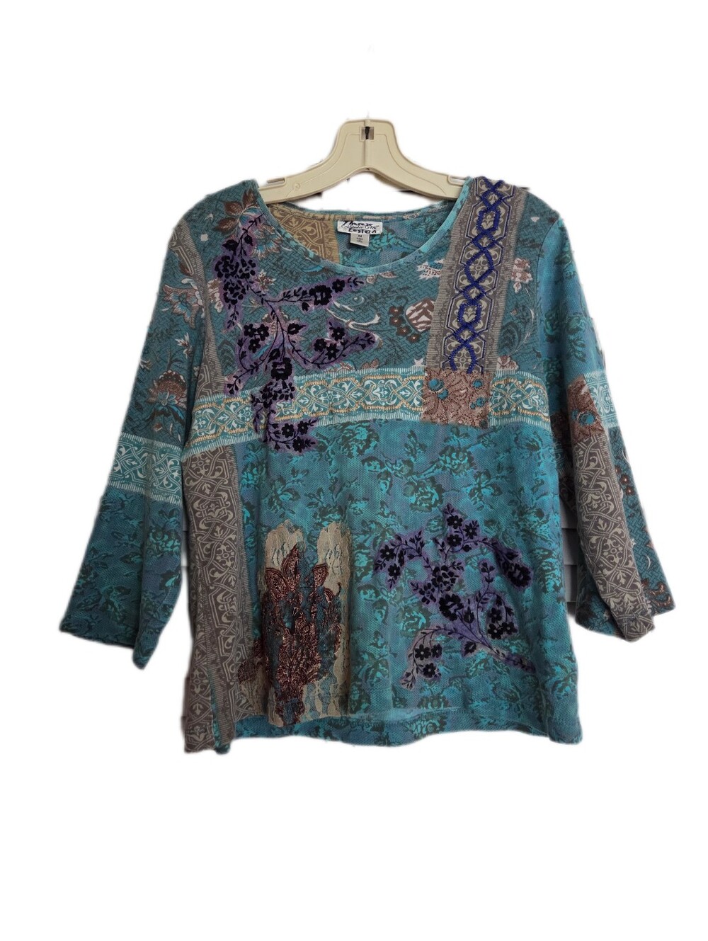 Coldwater Creek Teal Patchwork Embrodiered Top Boho Artsy Indie Size Medium